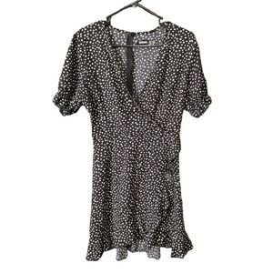 Missguided Dress Womens 2 Black Polka Dot Ruffle Hem Wrap Tea Length